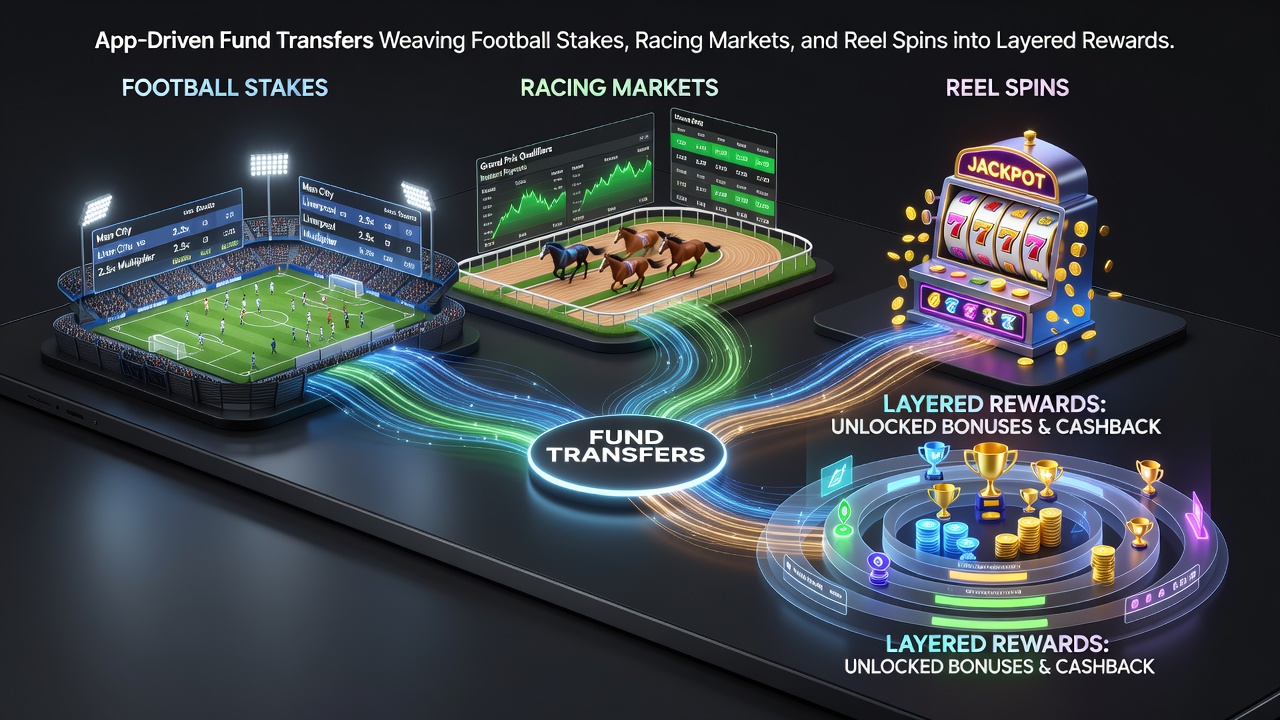 Illustration of connected reward cycles linking football, racing, and slot activities through mobile payments