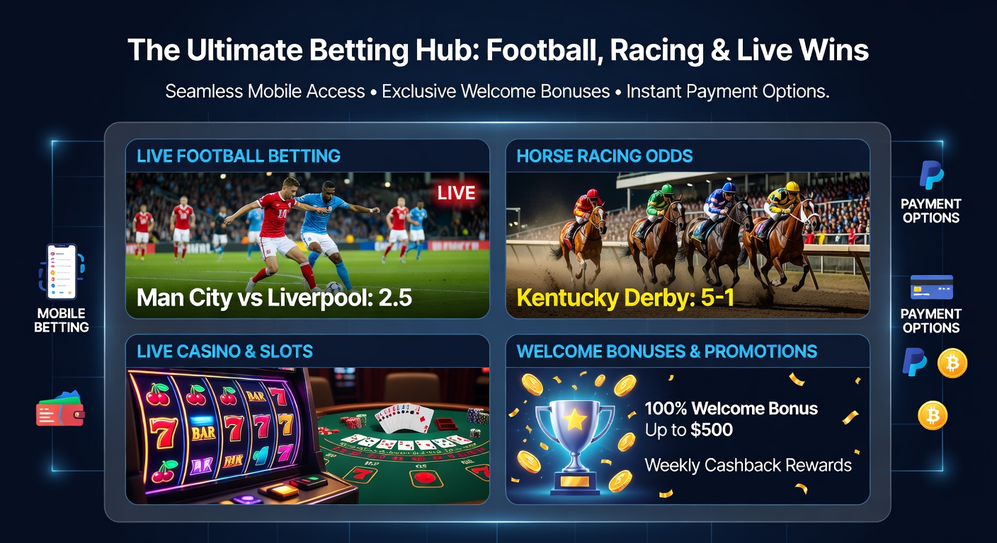 Mobile phone screen showing intertwined betting options from soccer matches and horse racing tracks to vibrant slot reels and live dealer tables, highlighting seamless payment flows