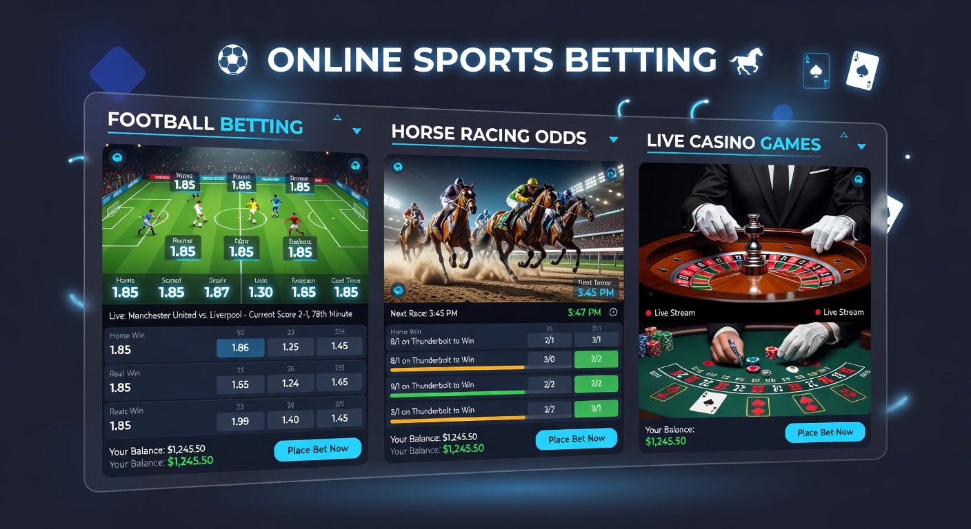 Dynamic split-screen view of a live casino roulette wheel spinning next to slot machine reels and horse racing odds board on a smartphone