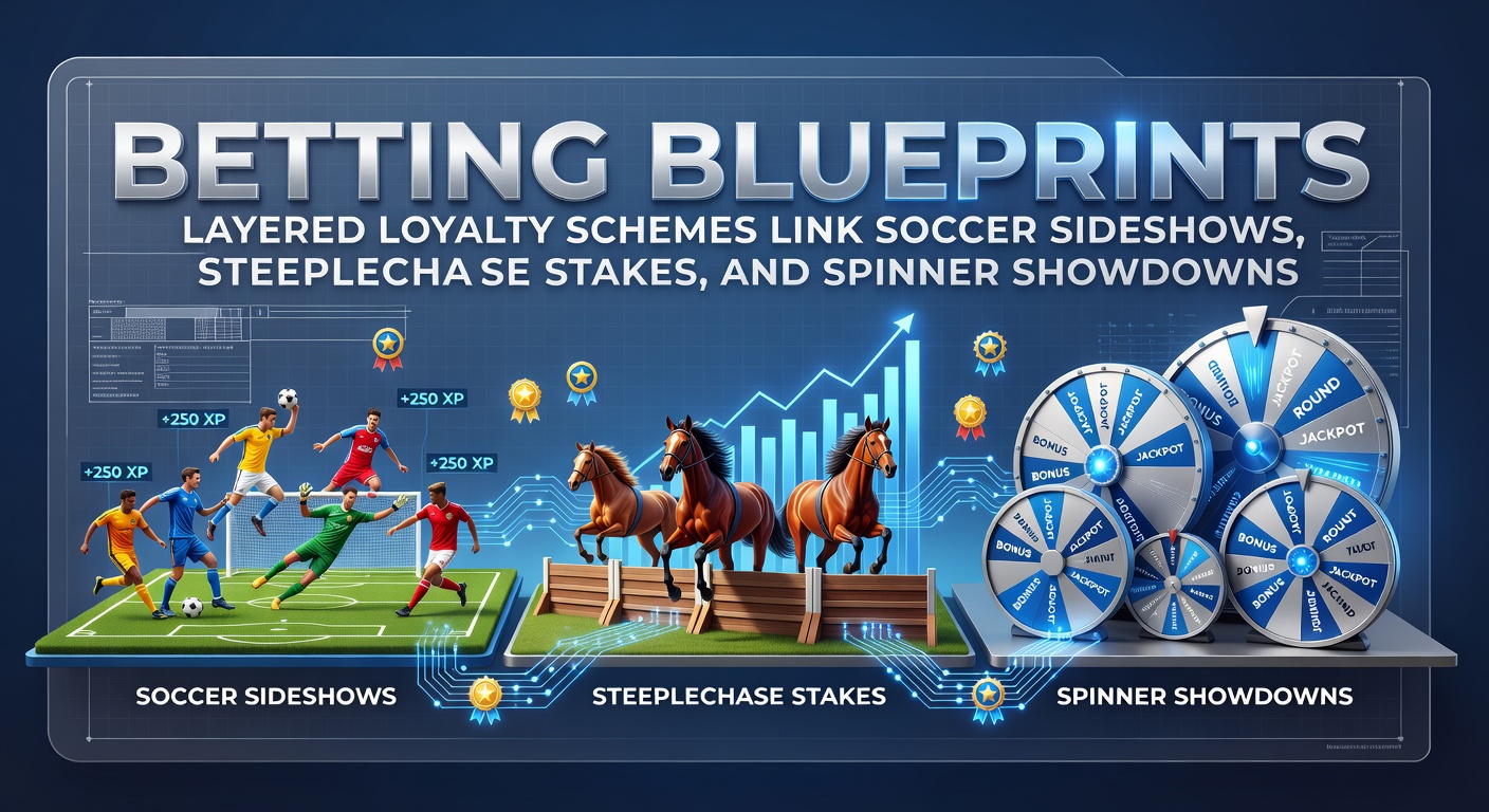 Vibrant digital graphic showing interconnected loyalty tiers linking soccer matches, horse racing jumps, and spinning slot reels in a seamless betting ecosystem