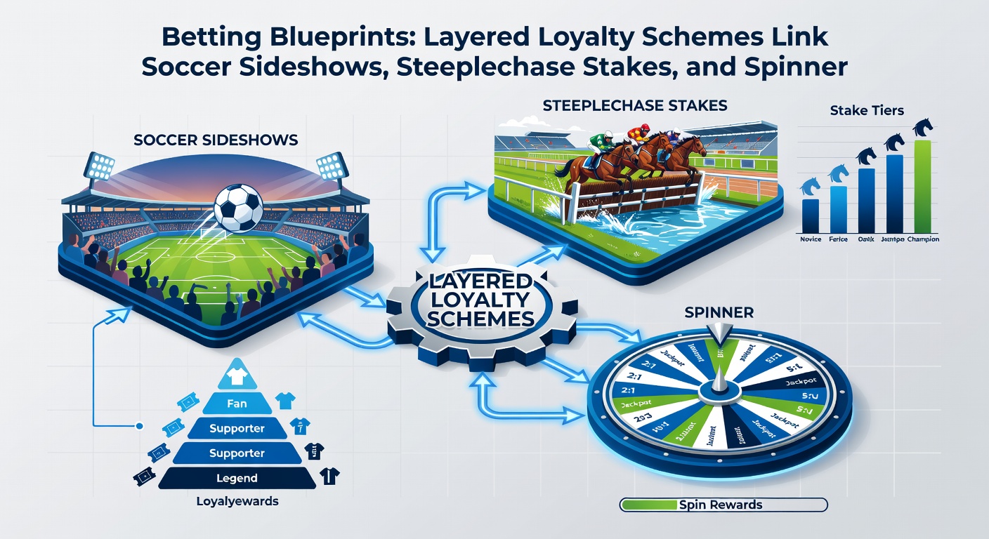 Dynamic illustration of a loyalty ladder ascending through soccer stadiums, steeplechase hurdles, and glowing slot machines, with points flowing between levels