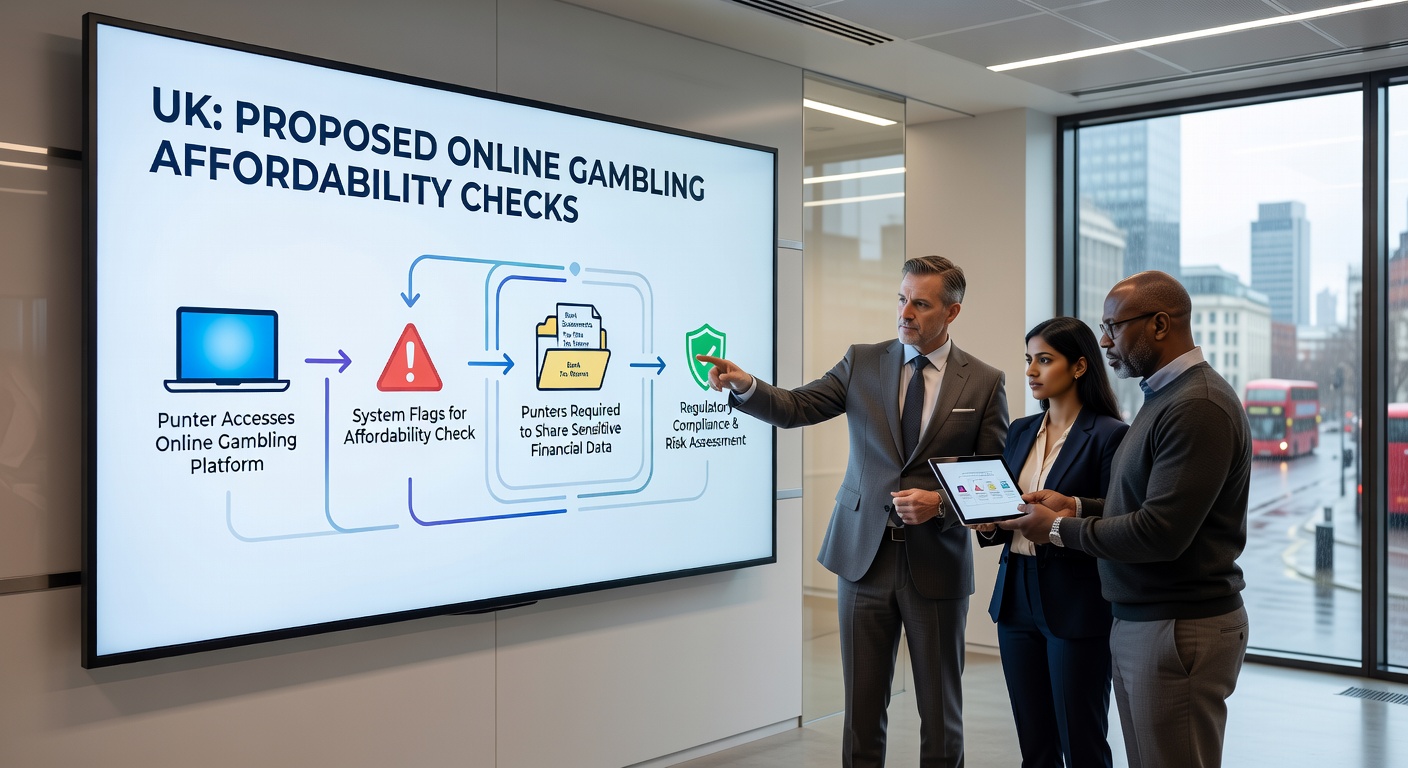 Infographic depicting UK gambling operators navigating fee increase graphs, black market threats, and regulatory scales in a balanced regulatory landscape