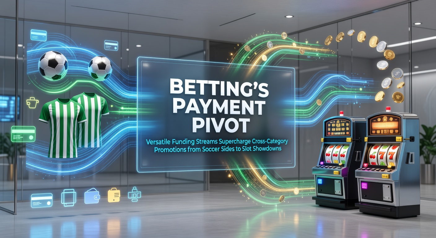 Digital wallet icons overlayed on soccer pitch and slot machine graphics, illustrating seamless payment flows across betting categories