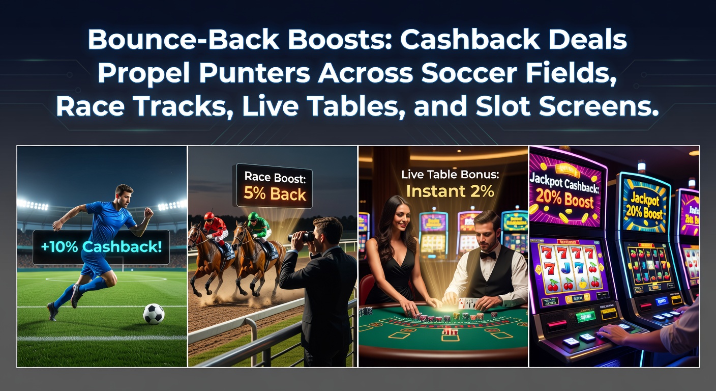Vibrant scene of a soccer match with overlaid cashback icons, racing horses in motion, a live dealer at a blackjack table, and colorful slot machine reels spinning, illustrating cross-platform betting promotions