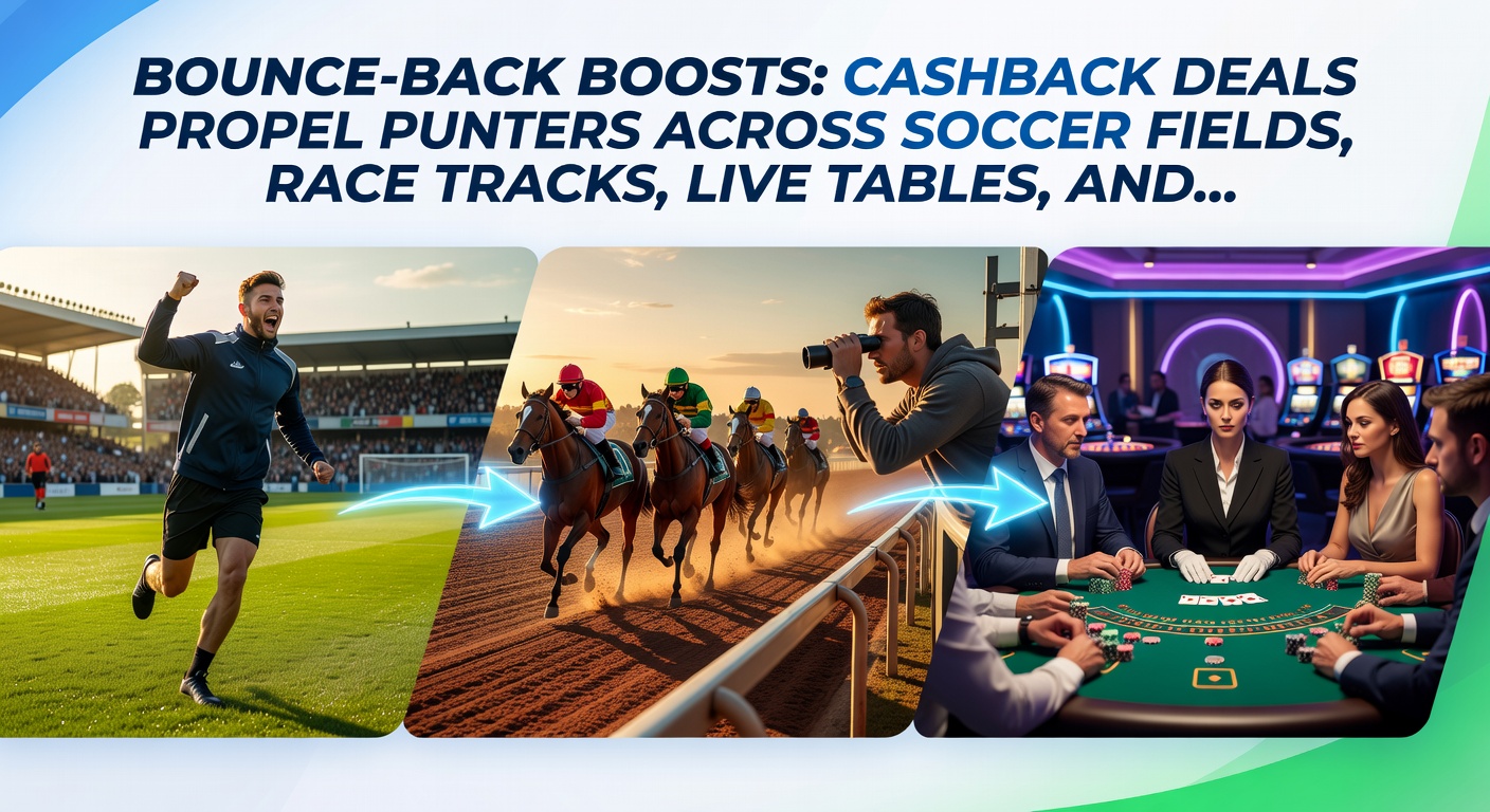 Dynamic split-image showing cashback notifications popping up during a horse race finish, soccer goal celebration, live roulette spin, and slot jackpot tease, capturing the thrill of rebound promotions
