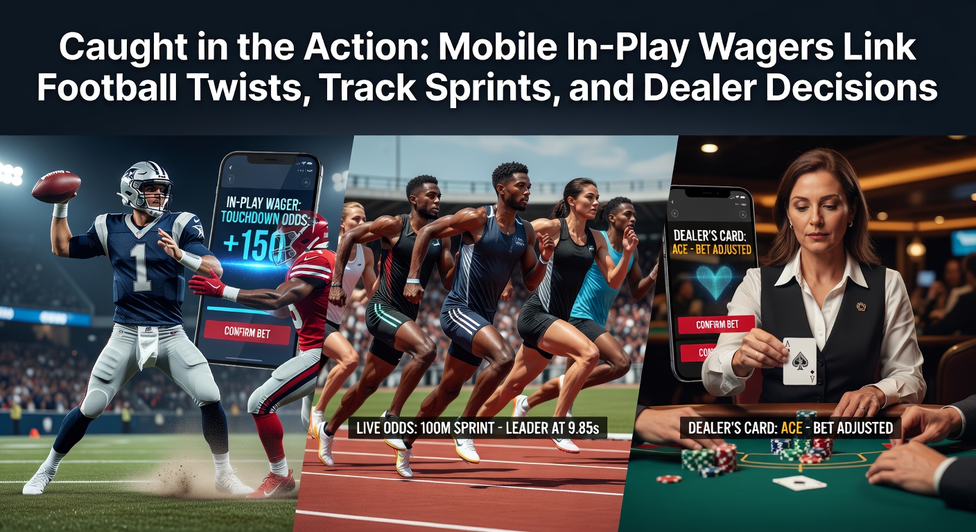 Mobile phone screen displaying live in-play betting odds for a football match, horse race sprint, and live dealer blackjack table, with dynamic updates and wager buttons highlighted