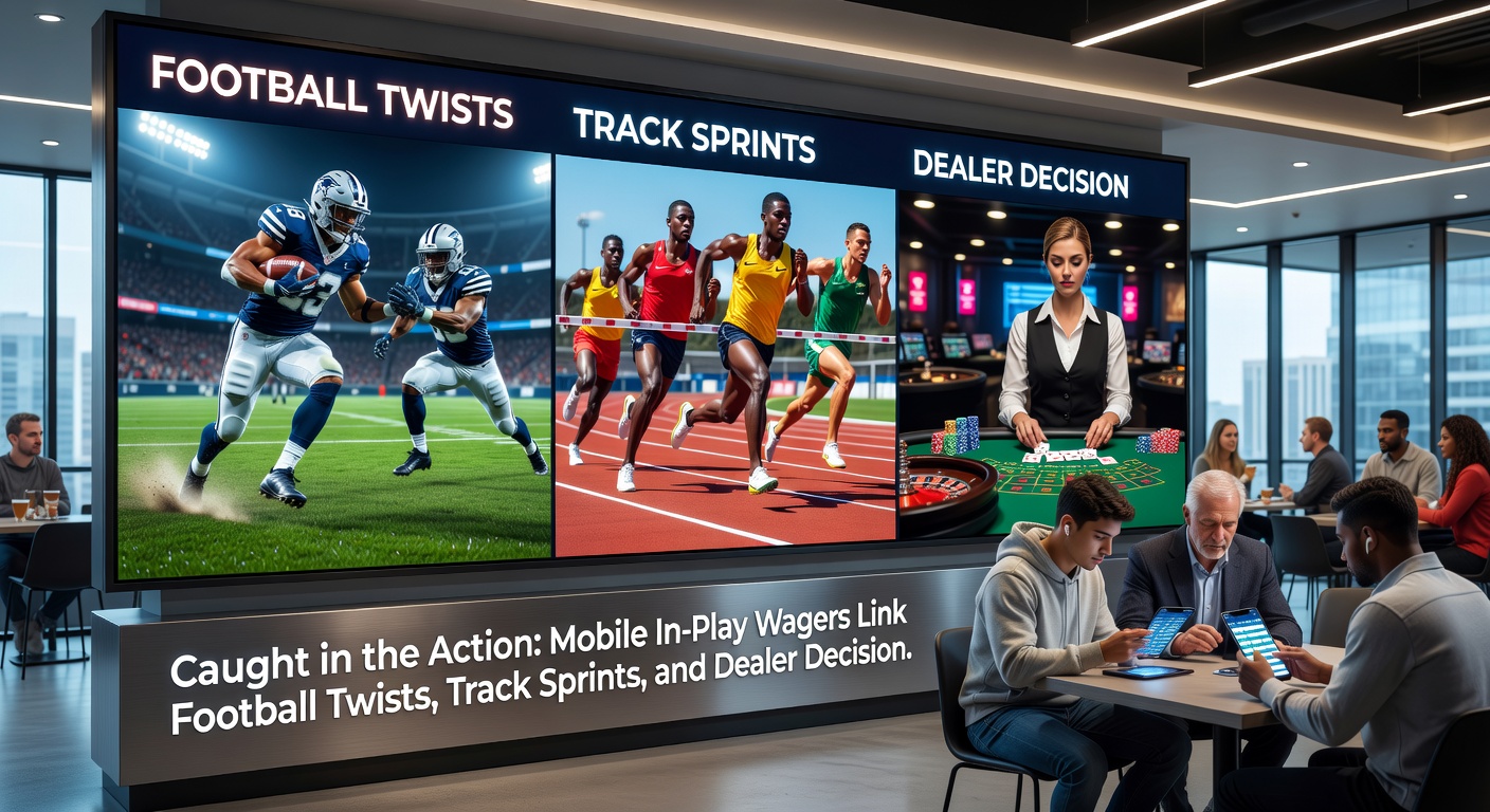 Dynamic split-screen view on a mobile app showing live football goal replay, horse racing sprint photo finish, and live dealer revealing blackjack cards, with overlaid betting slips and odds updates