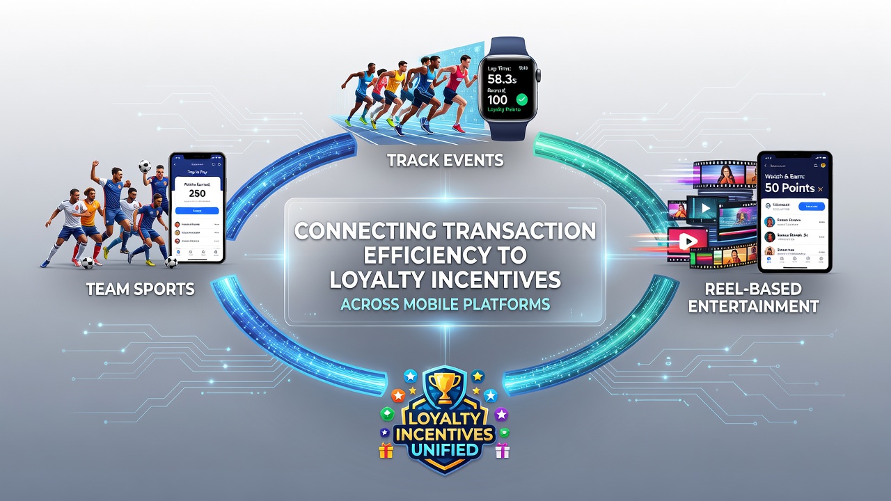 Mobile app interface showing fast transaction processing linked to loyalty rewards for sports and entertainment platforms