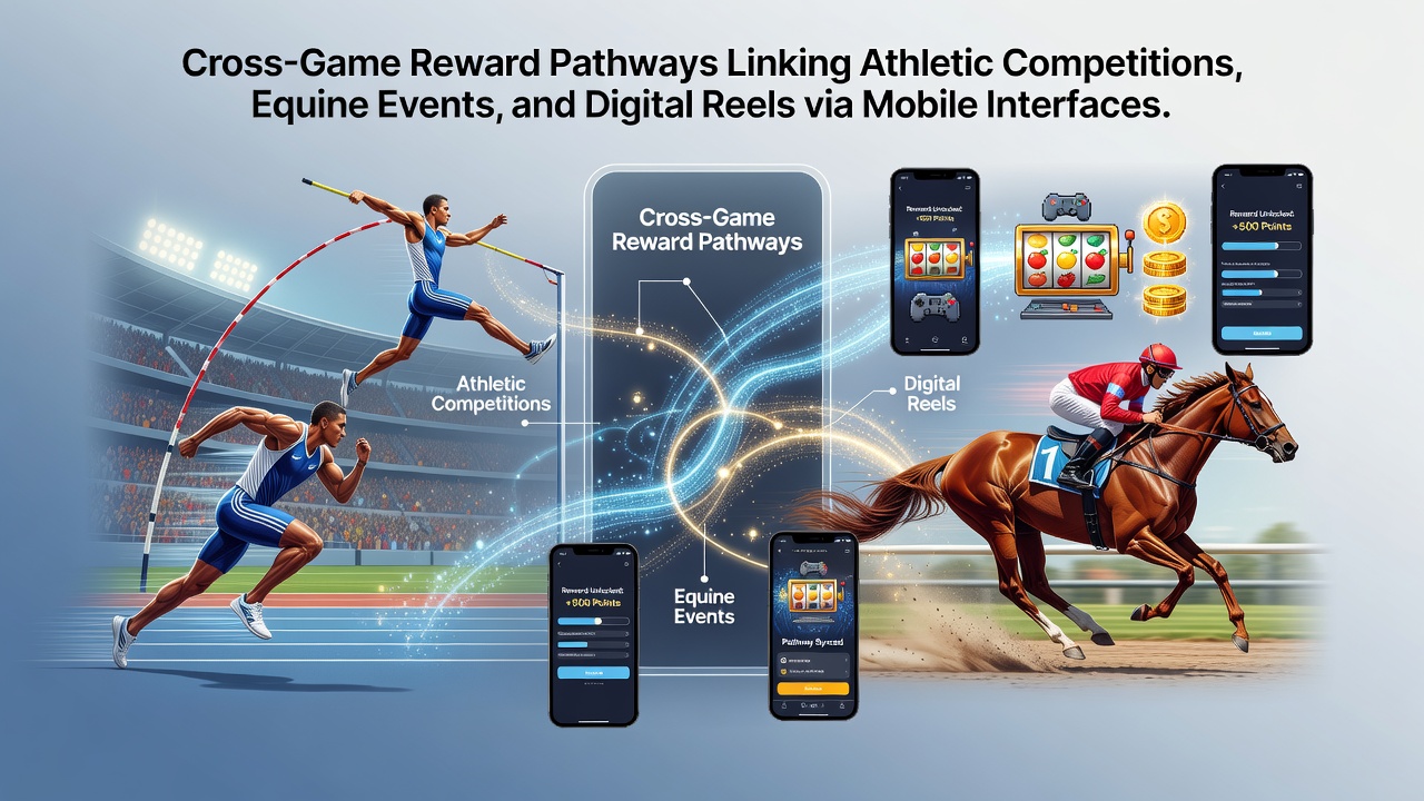 Mobile app interface showing interconnected rewards across sports betting, horse racing, and digital slots