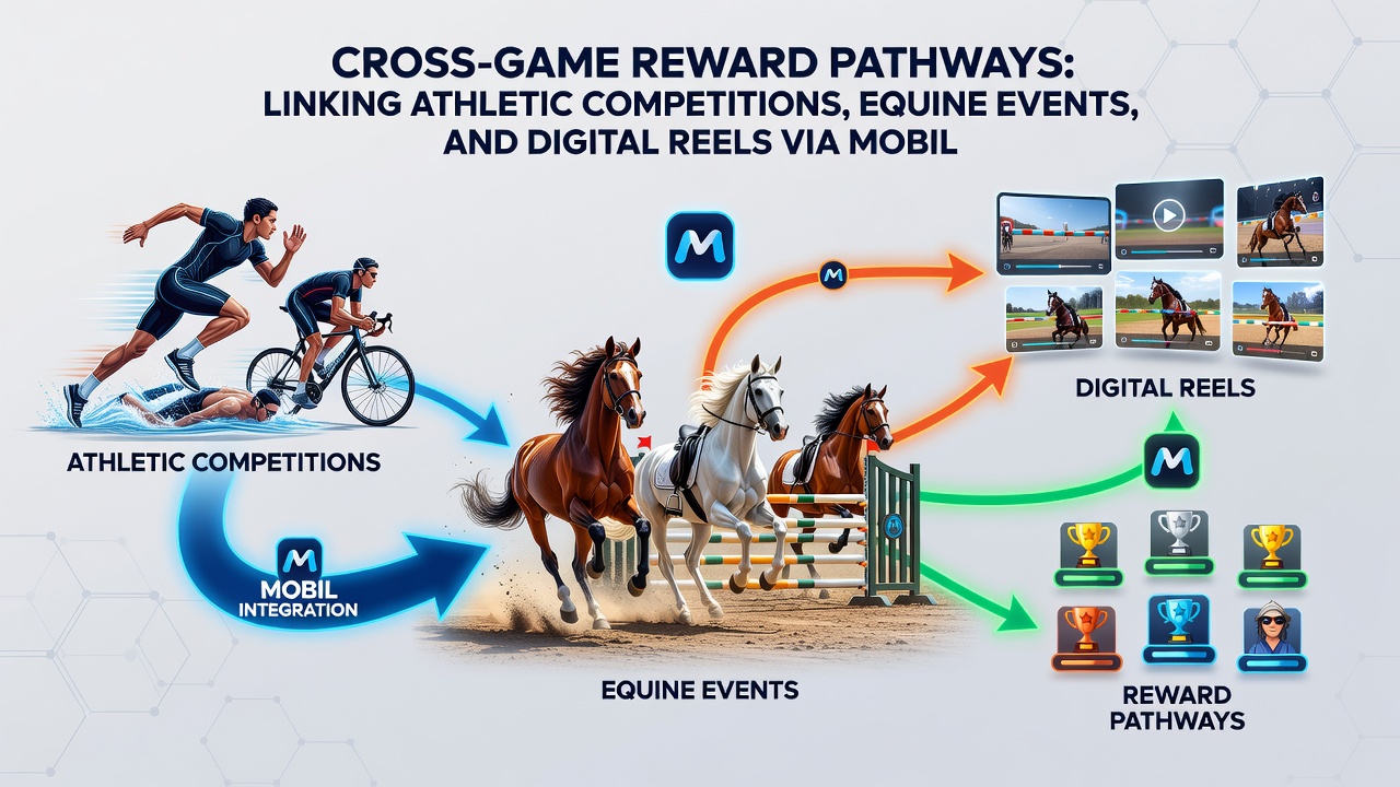 Illustration of reward flow between athletic events, horse racing, and slot reels on mobile devices
