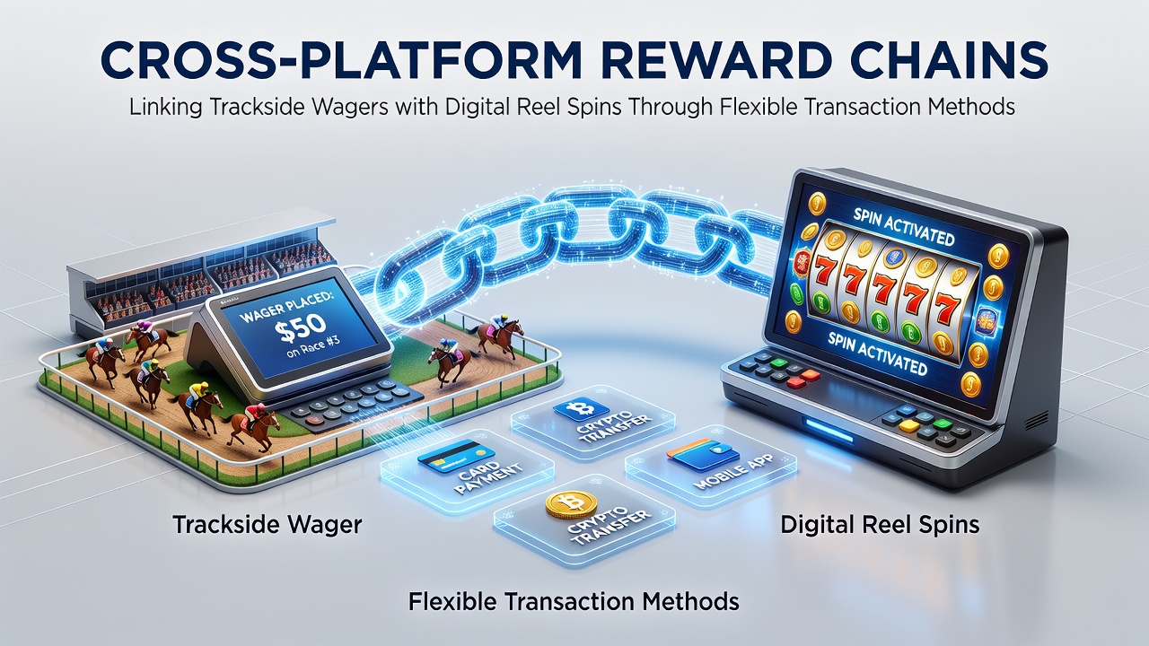 Illustration of cross-platform reward chains linking racetrack wagers with digital slot spins through flexible payment methods