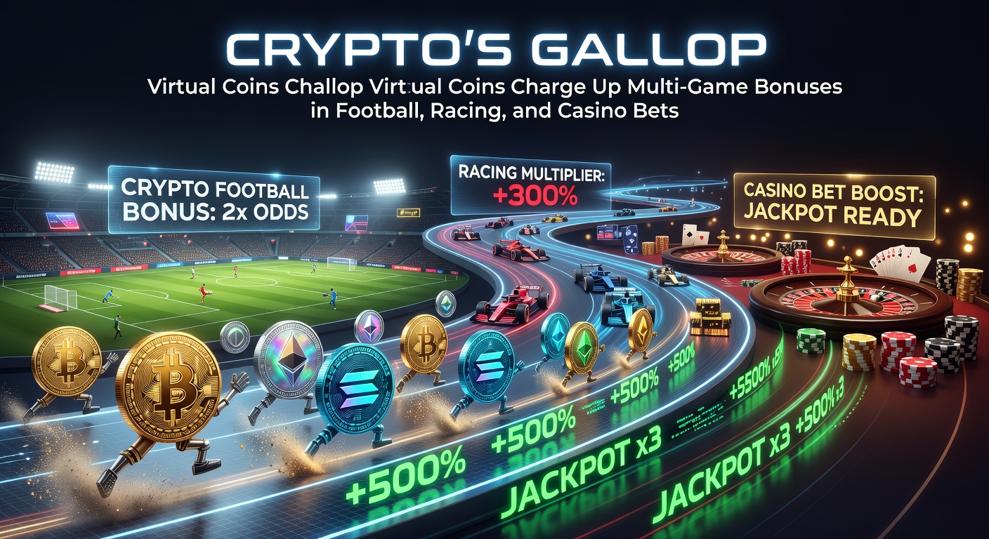 Vibrant digital illustration of cryptocurrency coins racing alongside soccer balls, horse racing tracks, and casino chips, symbolizing the fusion of virtual money and multi-game betting bonuses