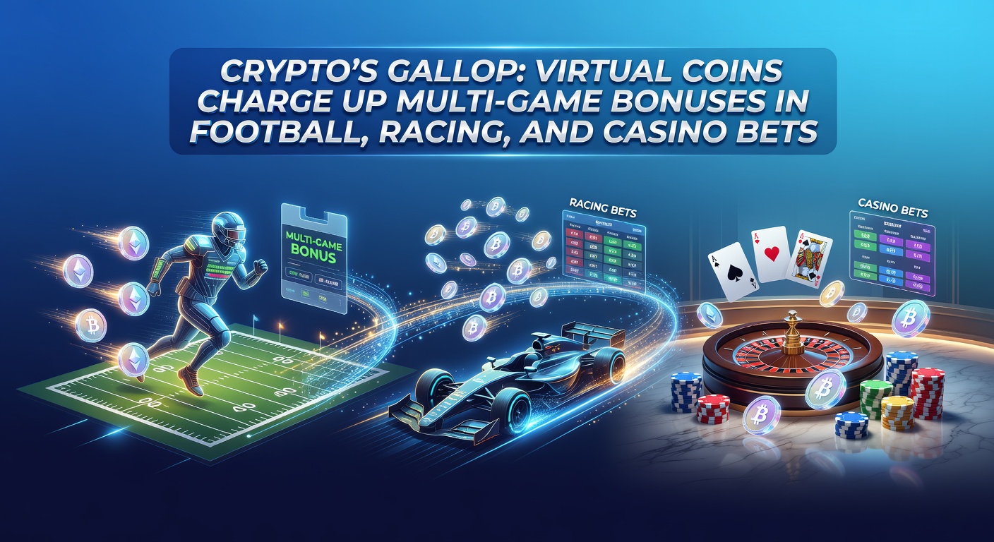 Dynamic scene showing cryptocurrency transactions lighting up screens with soccer goals, galloping racehorses, and spinning casino roulette wheels, highlighting crypto-driven betting excitement