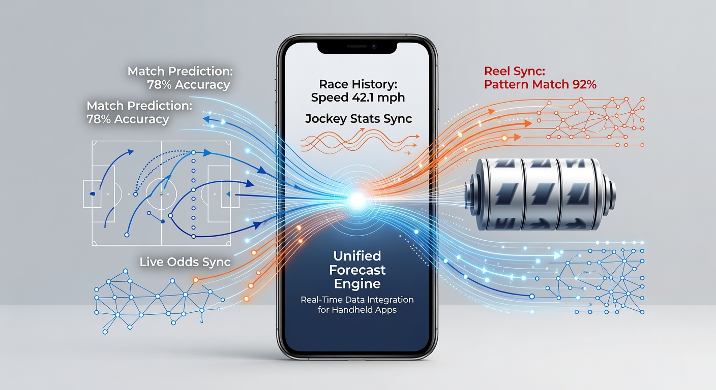 Mobile app interface displaying synchronized soccer forecasts, thoroughbred racing data, and slot reel mechanics on a single handheld screen