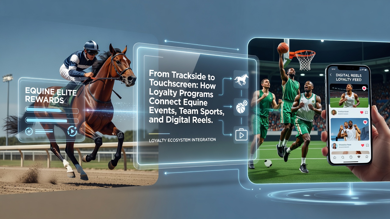 Loyalty program interface showing points earned from horse racing events transitioning to team sports bets and digital slot reels on a mobile app