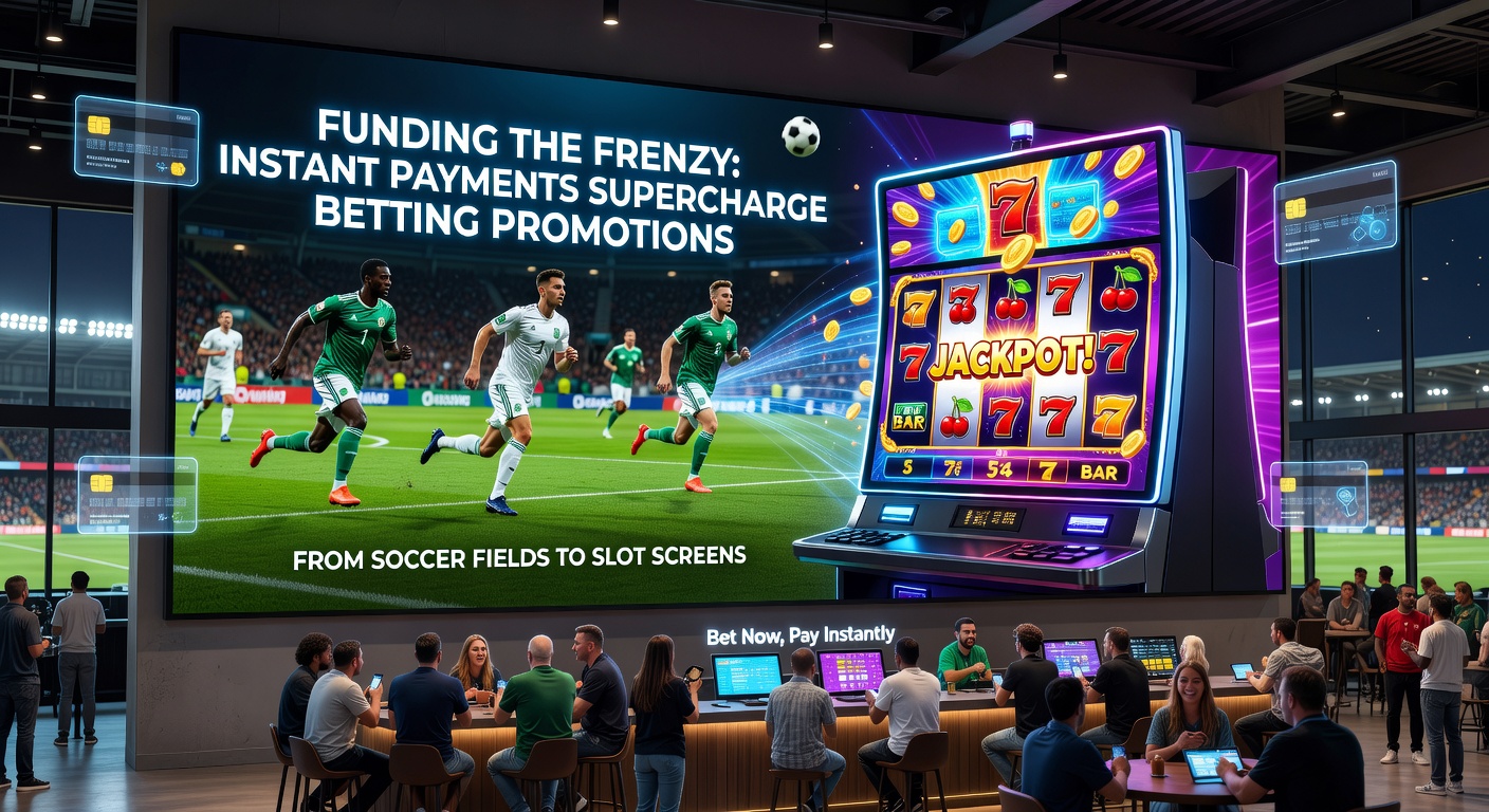 Digital payment icons overlayed on soccer field and slot machine graphics, illustrating rapid fund transfers boosting betting action