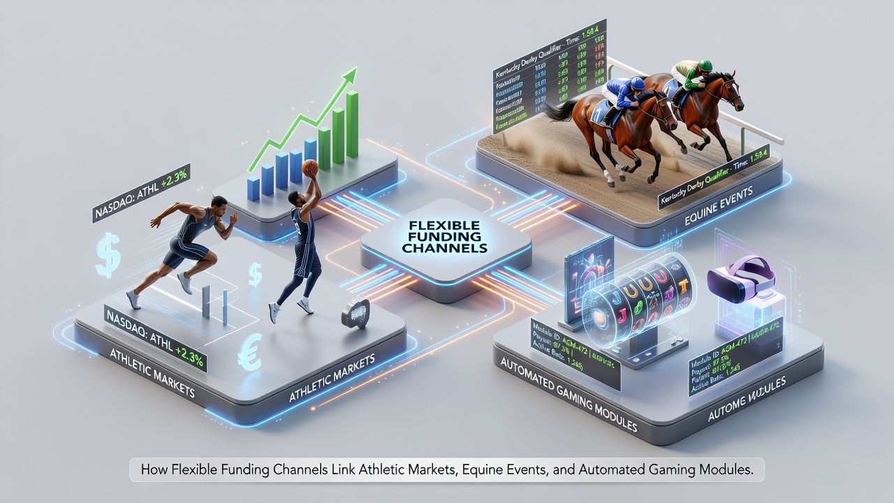 Diagram showing mobile app interfaces linking funding options between athletic odds, horse racing bets, adn slot modules