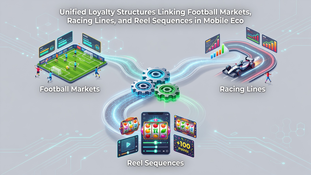 Dashboard view showing loyalty point flow between soccer markets, horse racing events, and digital reel sequences on a mobile device
