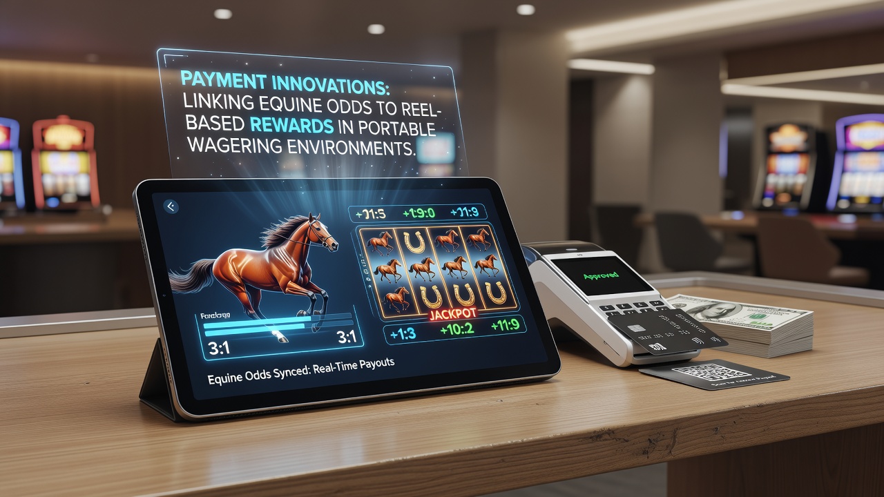 Portable device displaying simultaneous horse race odds and slot reel bonuses funded through instant payments