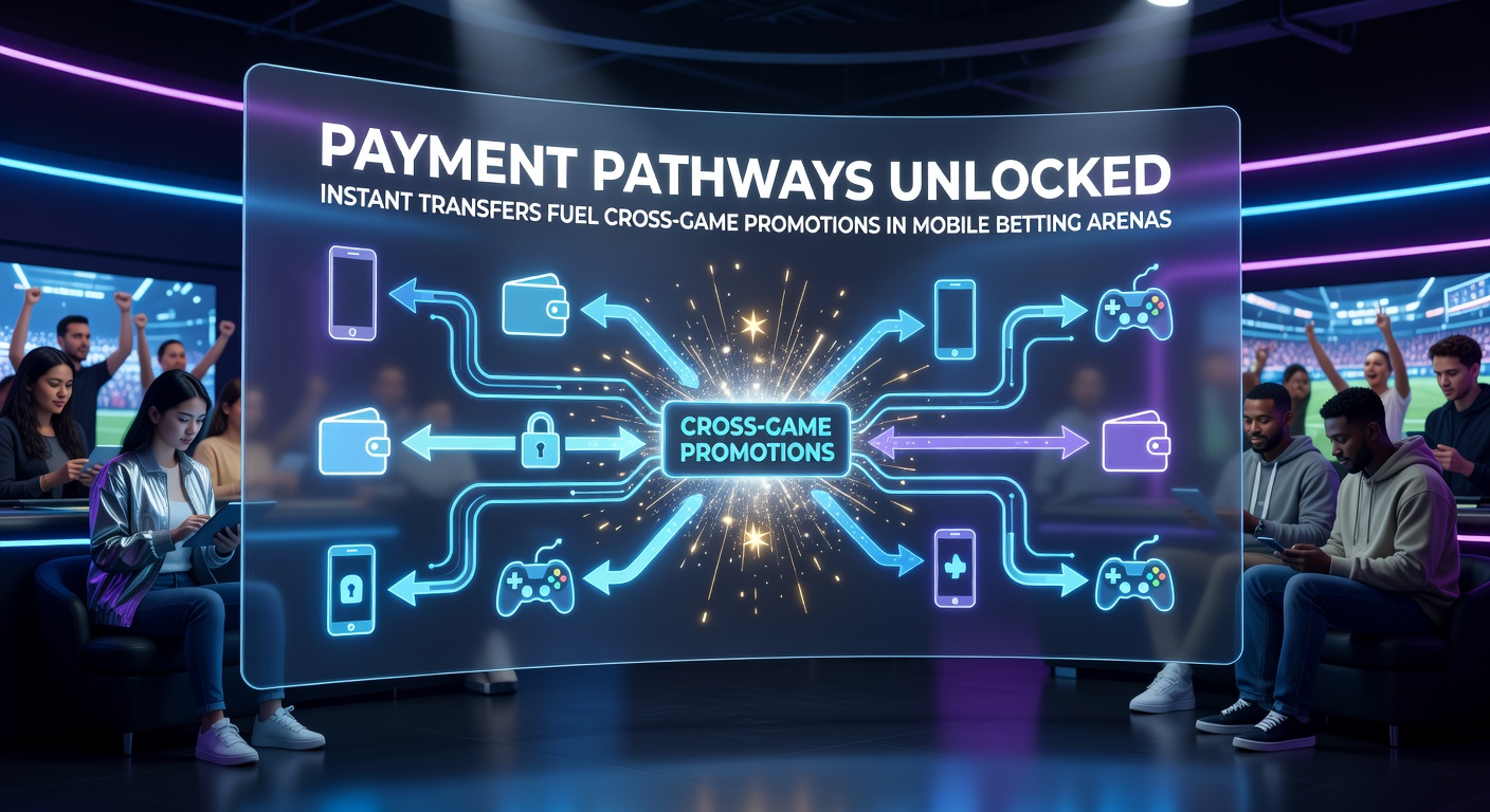 Illustration of interconnected betting icons—soccer ball, horse silhouette, slot reels, and roulette wheel—linked by glowing payment streams on a mobile device
