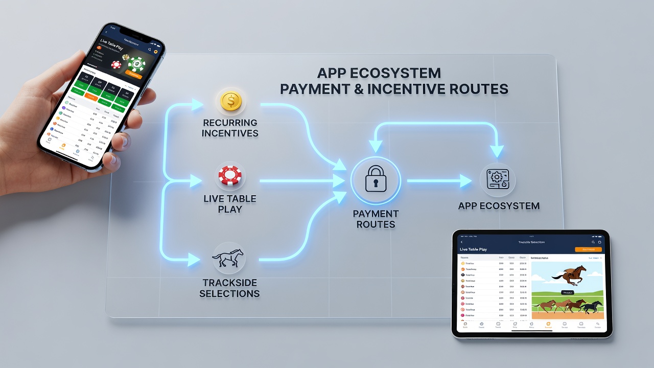 Diagram showing integration of payment routes with trackside selections and recurring rewards in betting applications
