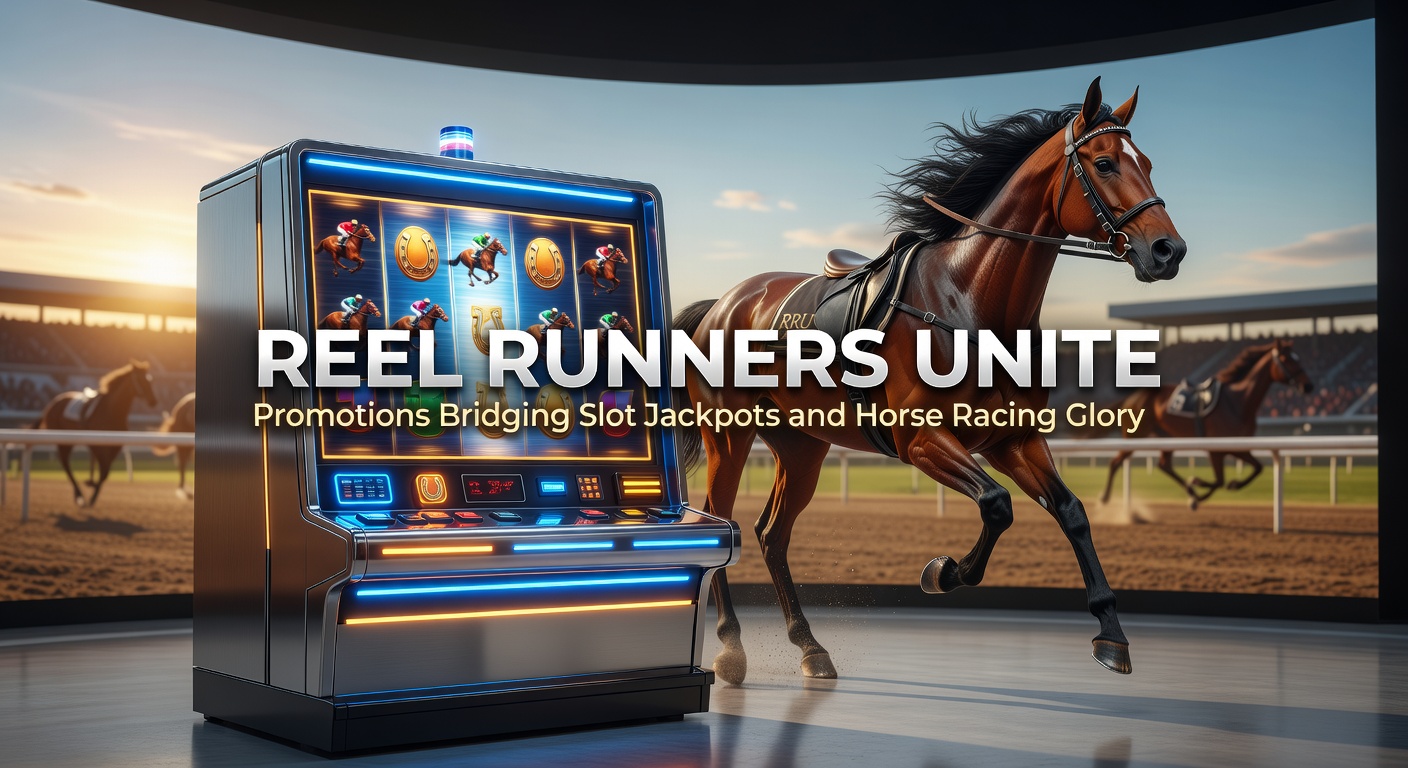 Vibrant scene of slot machine reels spinning alongside a horse racing track with jockeys charging toward the finish line, symbolizing the fusion of casino thrills and track excitement