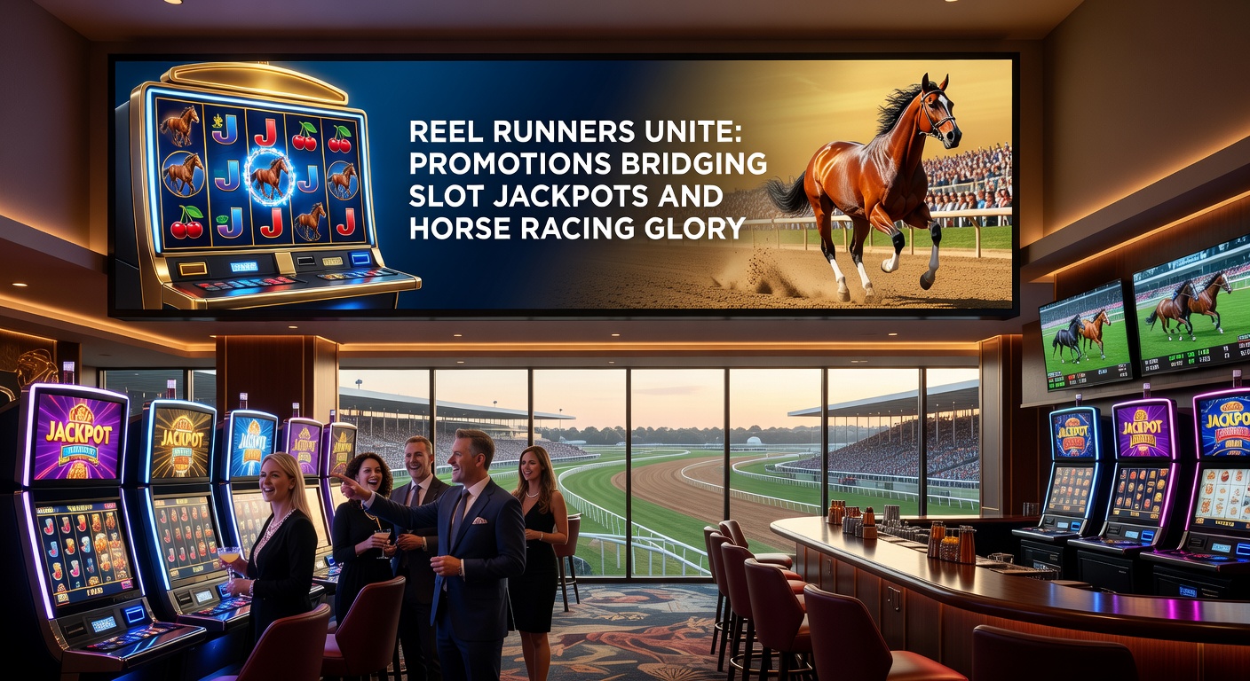 Close-up of a mobile app screen showing a combined promotion: horse racing odds next to slot jackpot counters, with bonus notifications linking the two gaming worlds