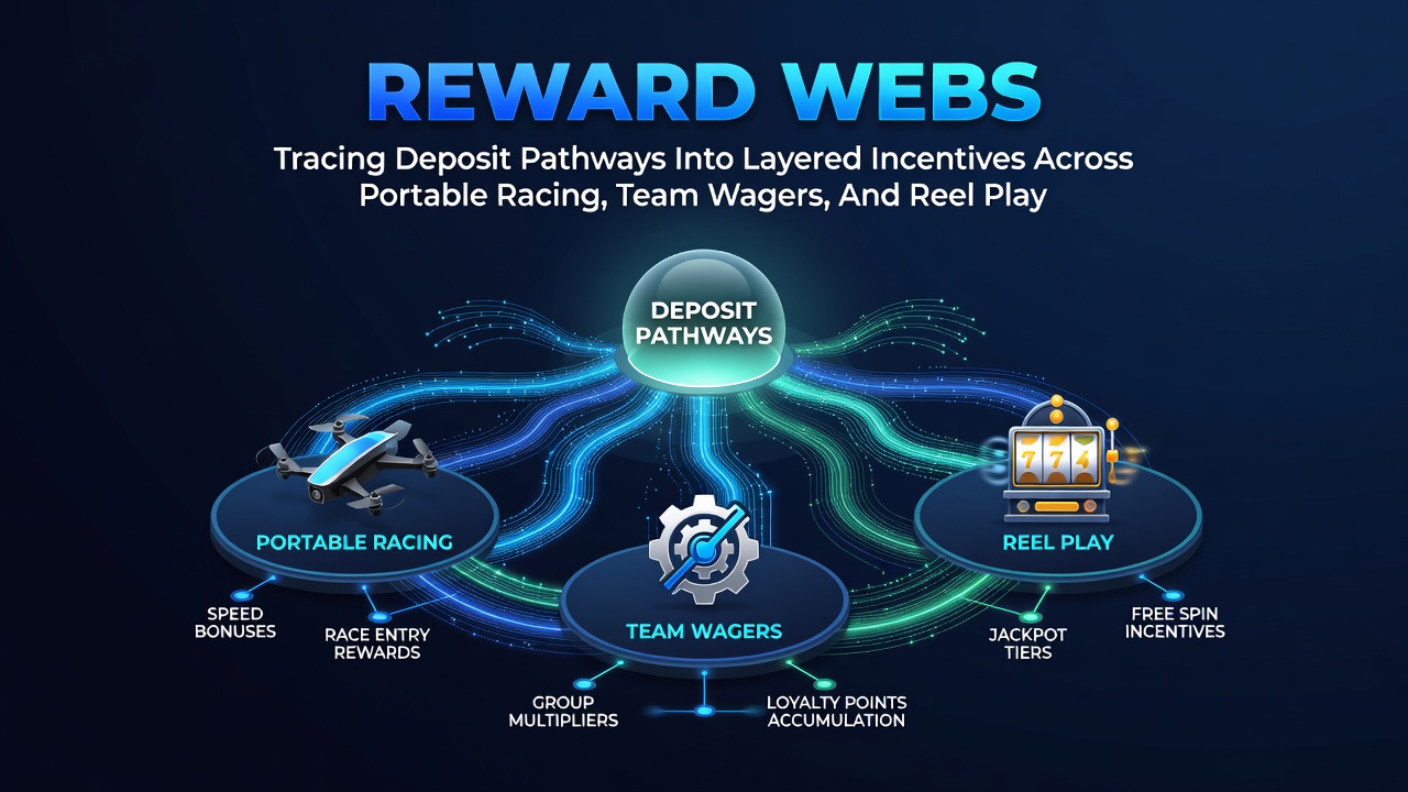 Diagram showing deposit flows connecting mobile racing apps, team betting platforms, and slot game interfaces through layered reward structures
