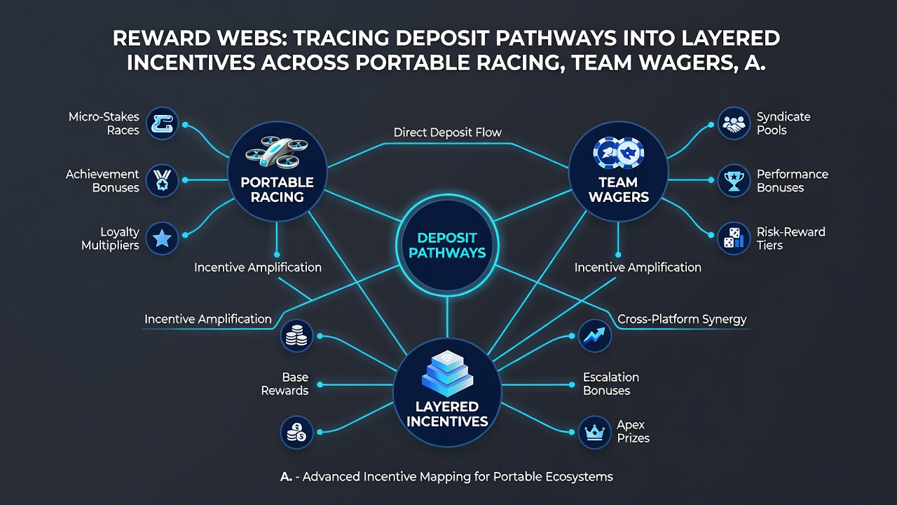 Illustration of interconnected incentive layers linking racing deposits, team betting rewards, and slot reel bonuses in mobile platforms