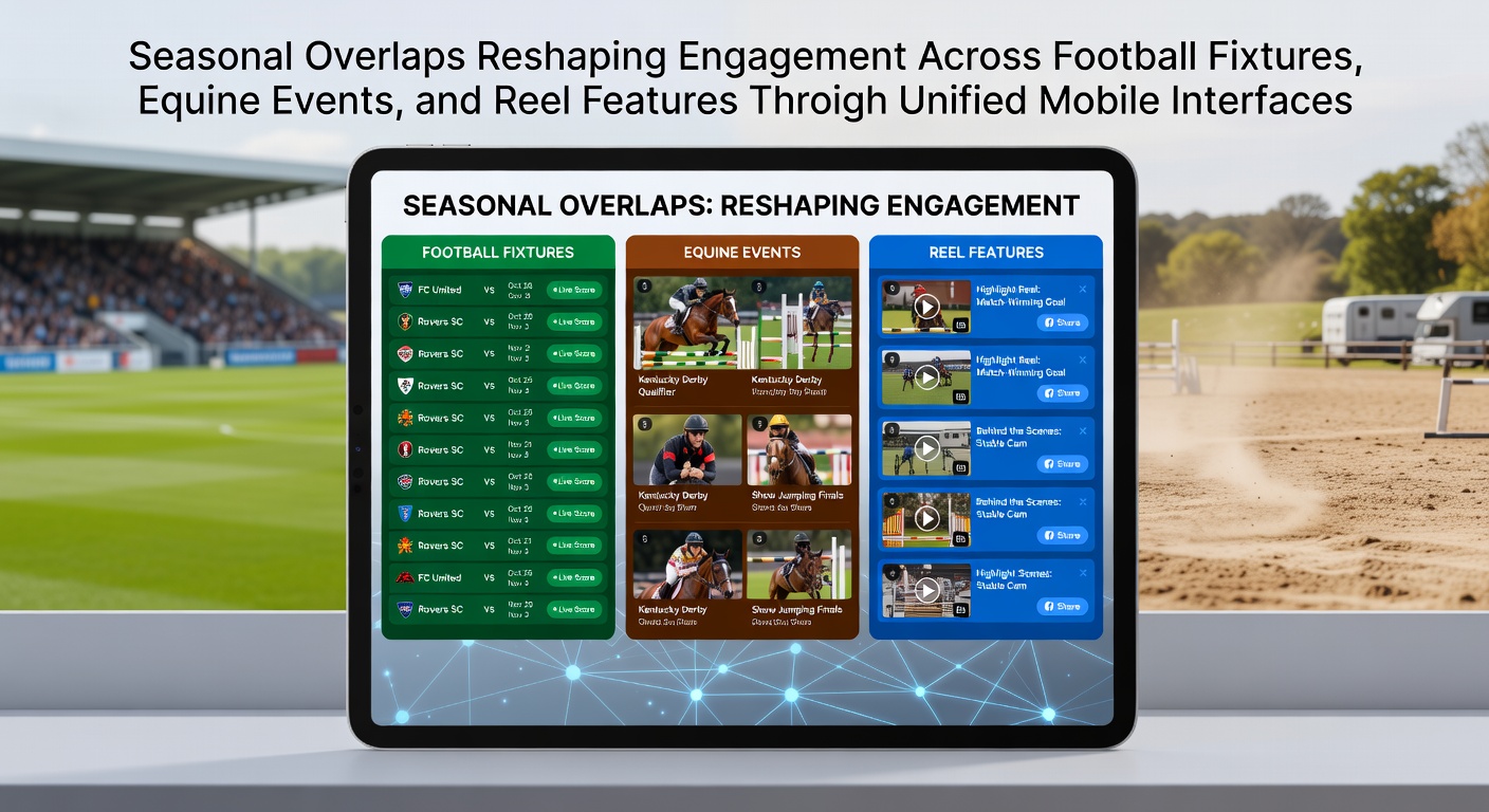 Unified mobile app interface displaying overlapping football fixtures, horse racing schedules, and reel-based game features side by side