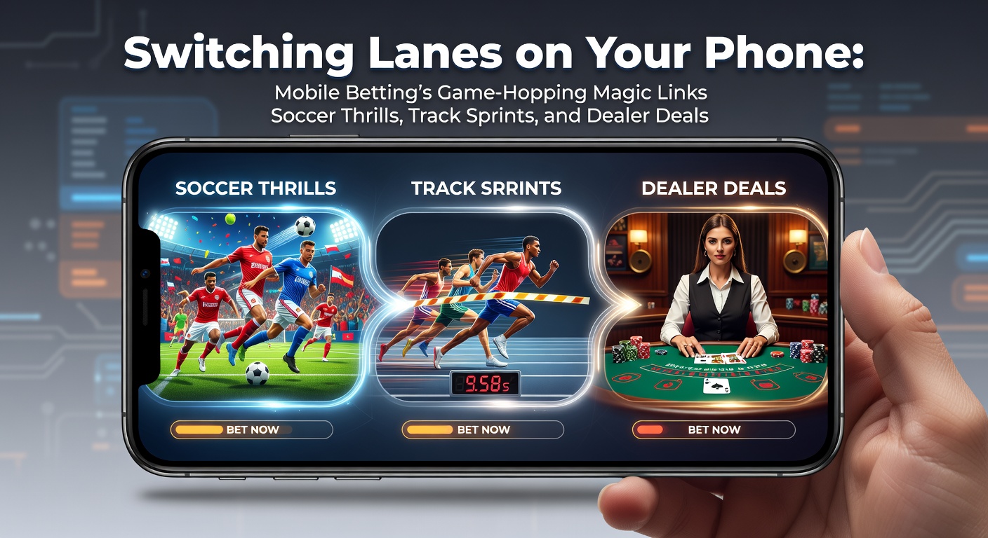 Smartphone screen displaying soccer betting odds alongside horse racing selections and a live dealer blackjack table, illustrating quick game-hopping in mobile apps