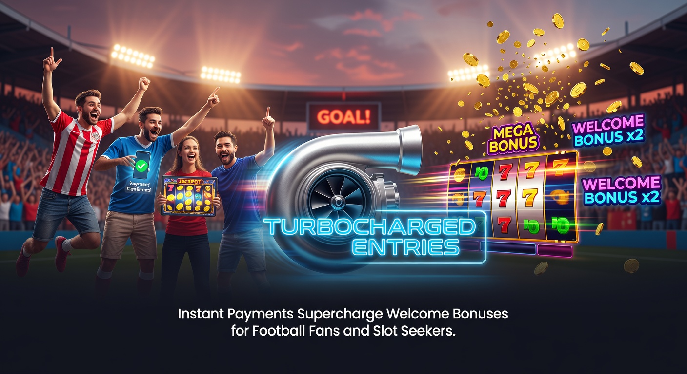 Dynamic graphic showing lightning-fast payment icons merging with soccer balls and spinning slot reels, symbolizing speed in online gaming deposits