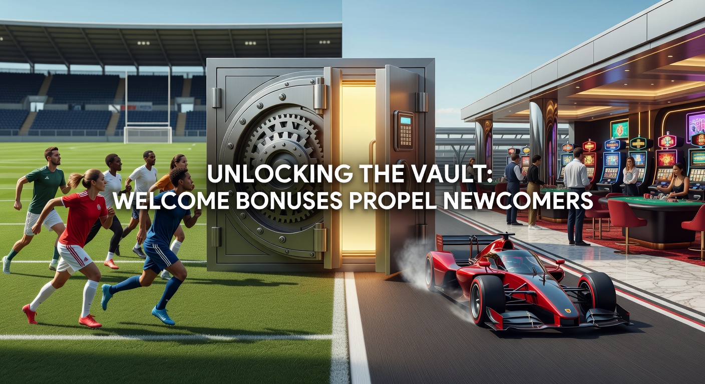 Vibrant scene of a newcomer claiming a welcome bonus on a mobile device, transitioning from soccer match highlights to horse racing tracks and spinning casino slots