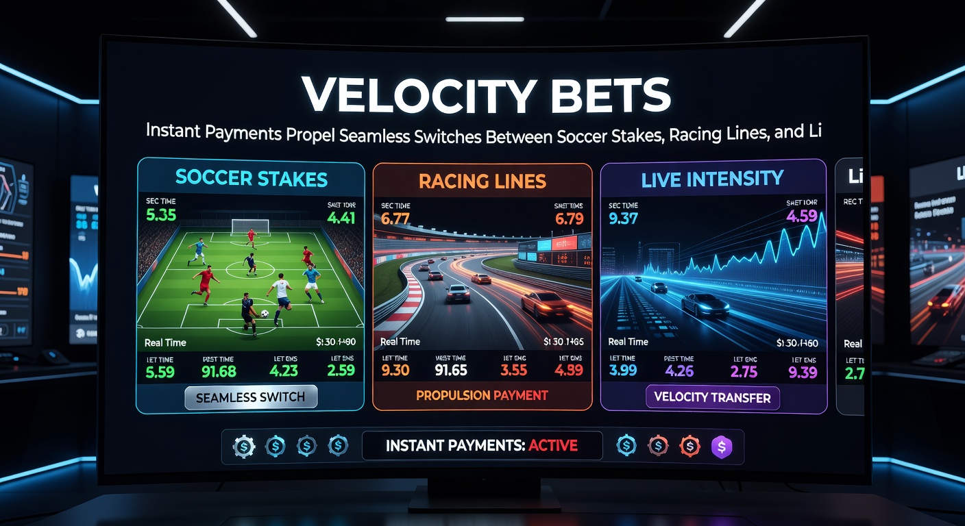 Horse racing track with overlaid instant payment icons transitioning to soccer field and live dealer roulette wheel
